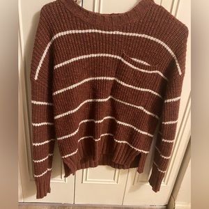 Pink rose burgundy and white striped crop knit sweater